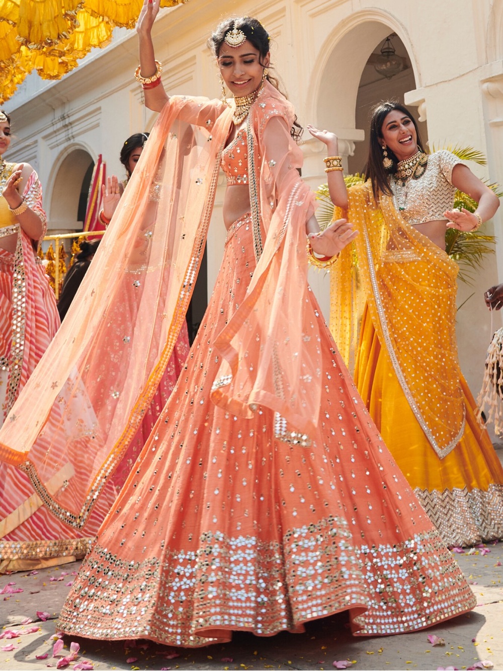 Abhinav Mishra Peach Mirror Work Lehenga Choli with Dupatta
